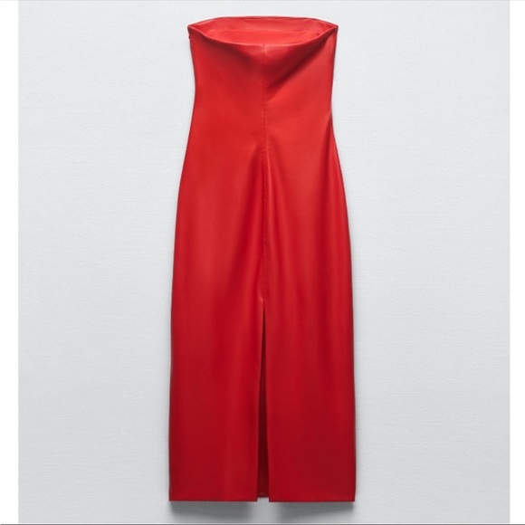 NWT Zara Red Faux Leather Strapless Midi Dress Xsmall - Picture 16 of 16